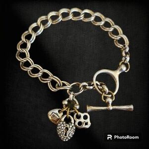 VTG FOSSIL Heart Lock Charm Chain Toggle Tennis Bracelet